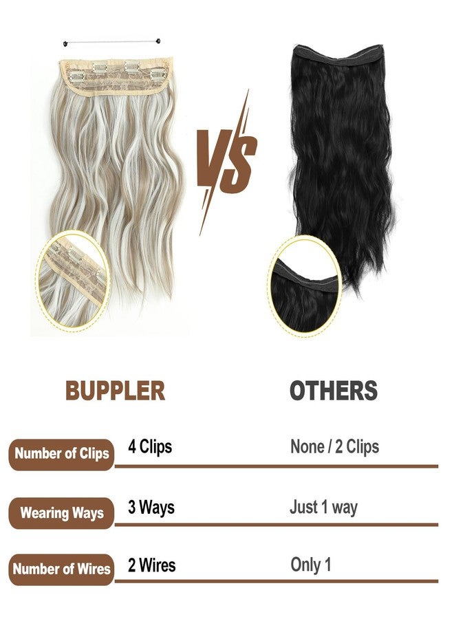 BUPPLER وصلات شعر هالو من بابلِر، 12 بوصة، وصلات شعر بسلك غير مرئي، قابلة للتعديل، شعر طويل مموج، مصنوعة من مواد صناعية مطورة، مزودة بأربعة مشابك تثبيت آمنة، لون أشقر رمادي داكن ممزوج بأشقر بلاتيني. - Image 4